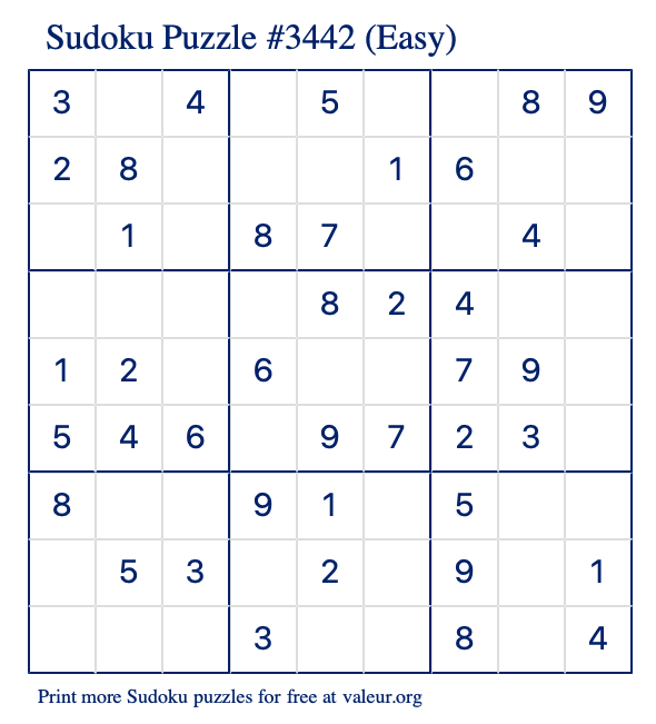 Free Printable Easy Sudoku Puzzle number 3442