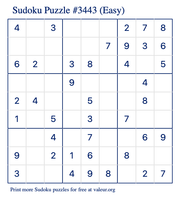 Free Printable Easy Sudoku Puzzle number 3443