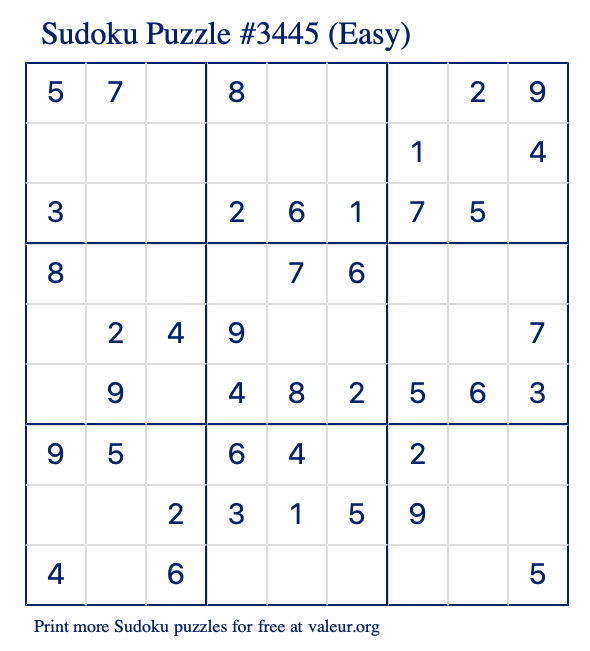 Free Printable Easy Sudoku Puzzle number 3445