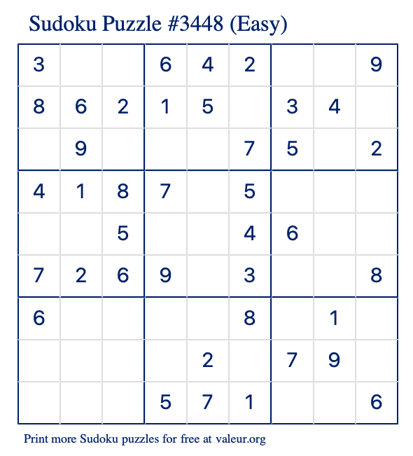 Free Printable Easy Sudoku Puzzle number 3448