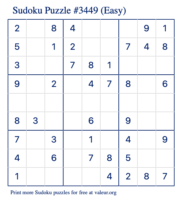 Free Printable Easy Sudoku Puzzle number 3449