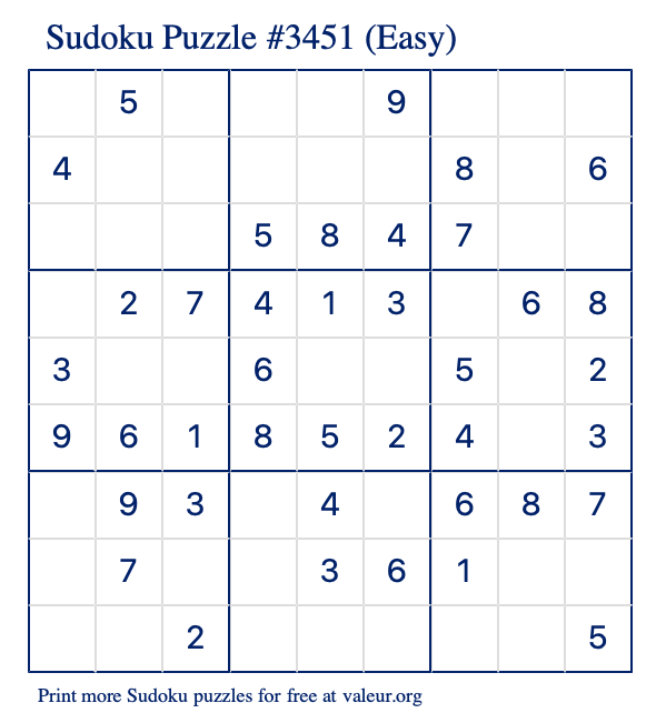 Free Printable Easy Sudoku Puzzle number 3451