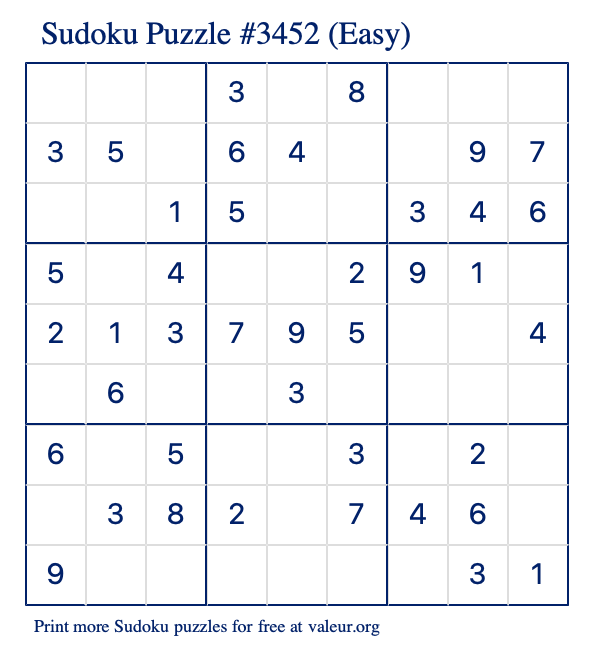 Free Printable Easy Sudoku Puzzle number 3452