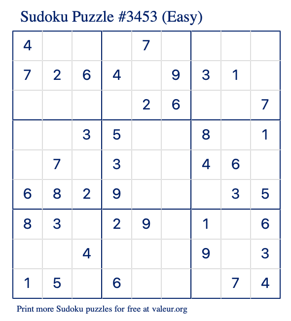 Free Printable Easy Sudoku Puzzle number 3453