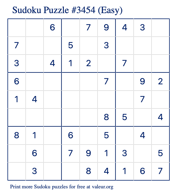 Free Printable Easy Sudoku Puzzle number 3454