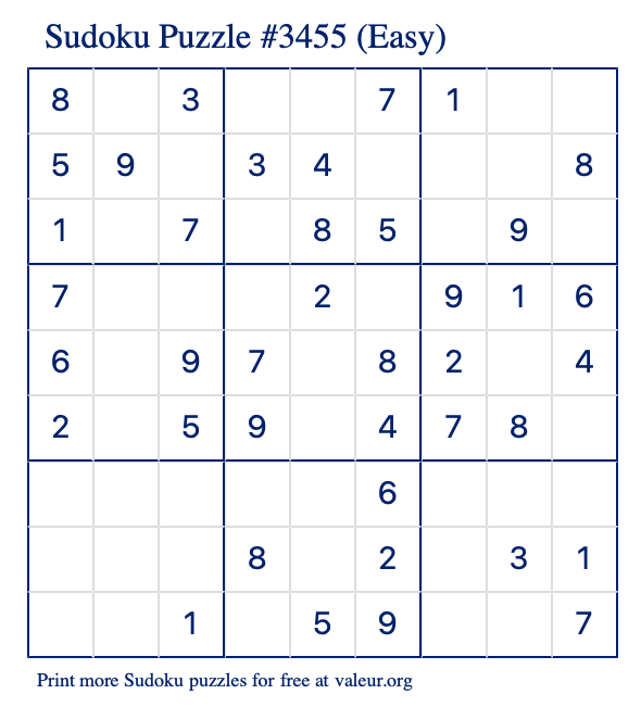 Free Printable Easy Sudoku Puzzle number 3455