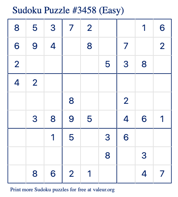 Free Printable Easy Sudoku Puzzle number 3458