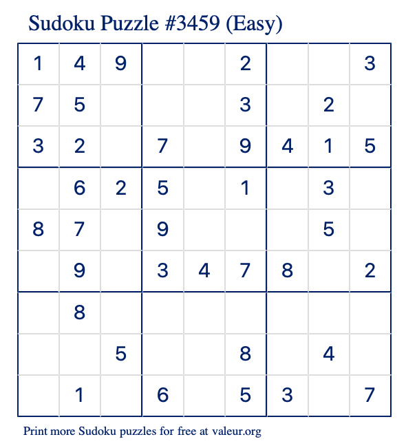 Free Printable Easy Sudoku Puzzle number 3459