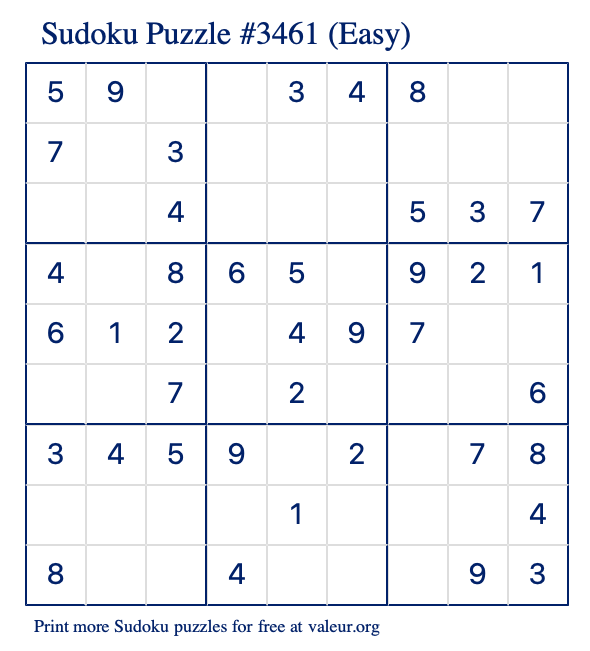 Free Printable Easy Sudoku Puzzle number 3461