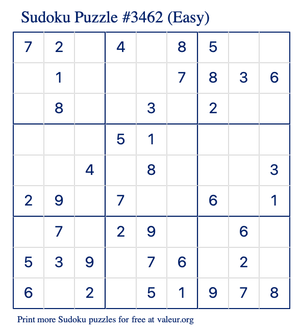 Free Printable Easy Sudoku Puzzle number 3462