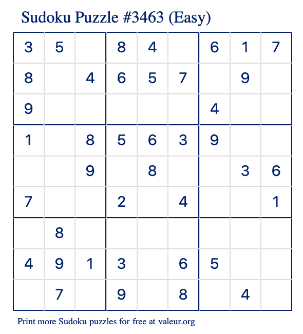 Free Printable Easy Sudoku Puzzle number 3463