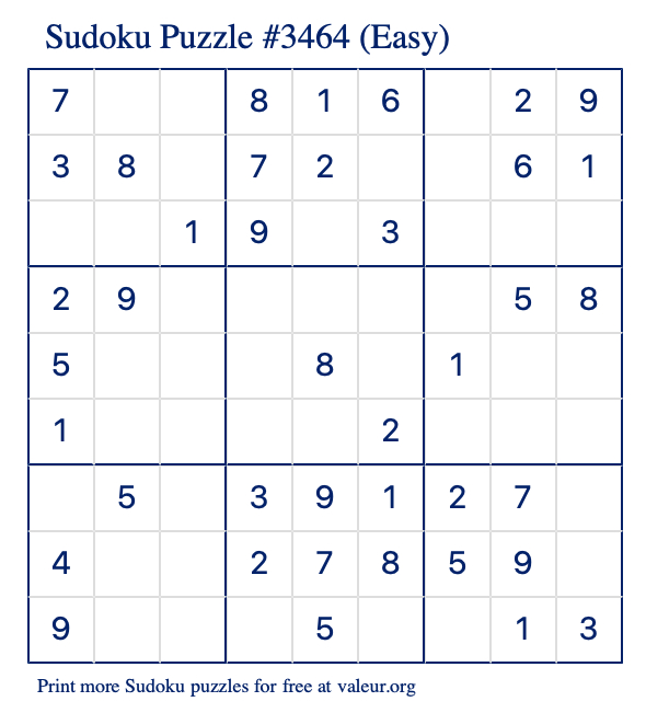 Free Printable Easy Sudoku Puzzle number 3464