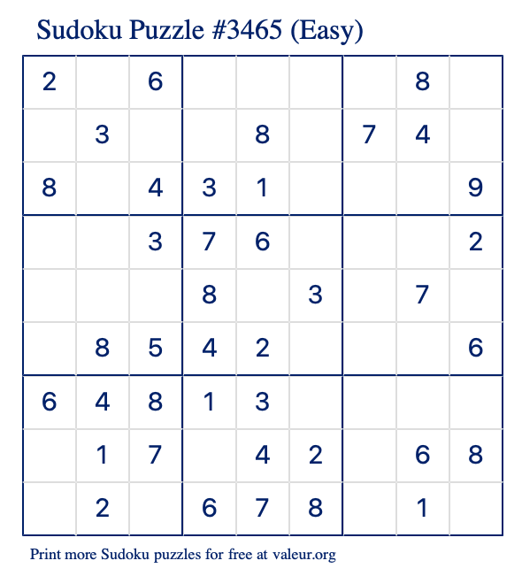 Free Printable Easy Sudoku Puzzle number 3465