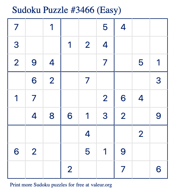 Free Printable Easy Sudoku Puzzle number 3466