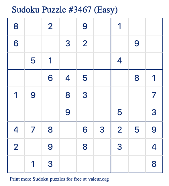 Free Printable Easy Sudoku Puzzle number 3467