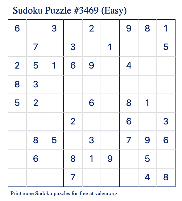 Free Printable Easy Sudoku Puzzle number 3469