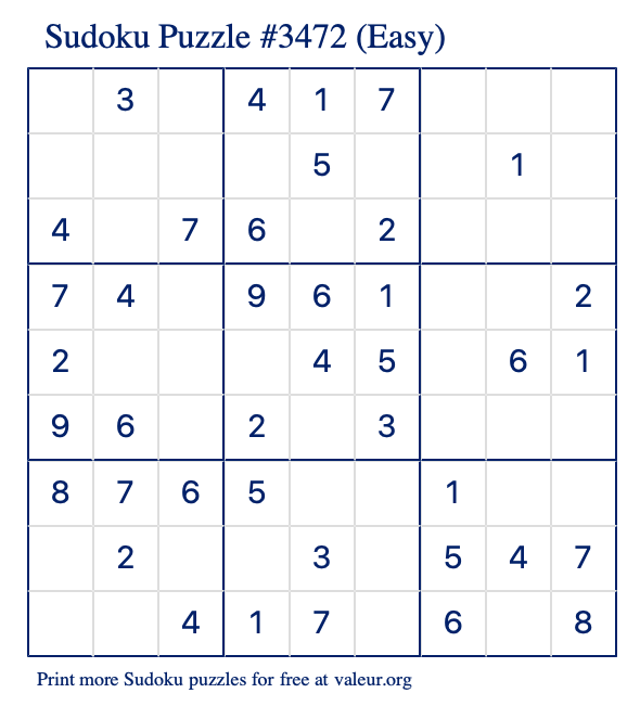 Free Printable Easy Sudoku Puzzle number 3472