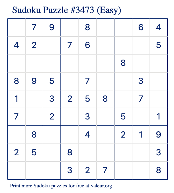 Free Printable Easy Sudoku Puzzle number 3473