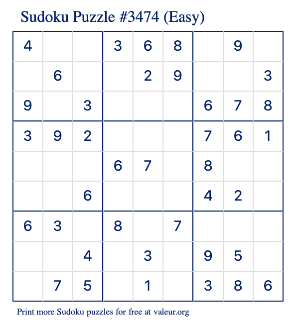 Free Printable Easy Sudoku Puzzle number 3474