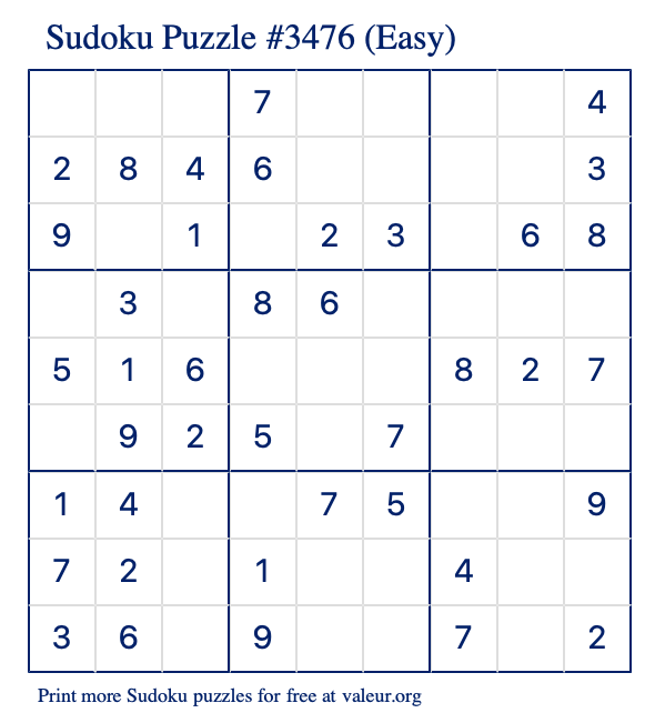 Free Printable Easy Sudoku Puzzle number 3476