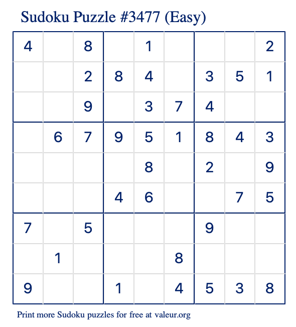 Free Printable Easy Sudoku Puzzle number 3477