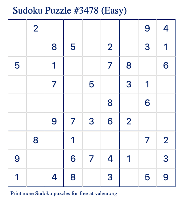 Free Printable Easy Sudoku Puzzle number 3478