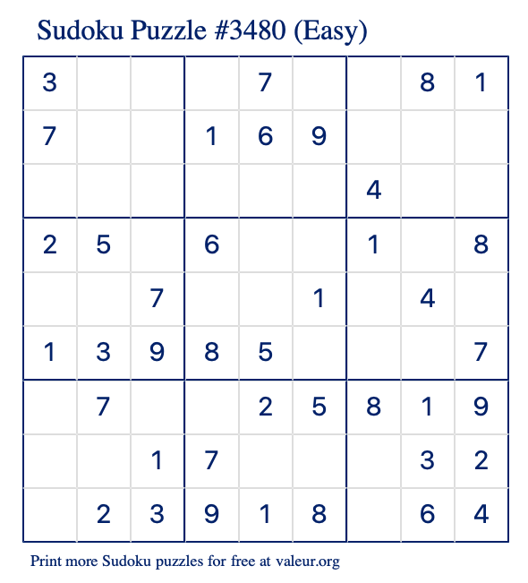 Free Printable Easy Sudoku Puzzle number 3480