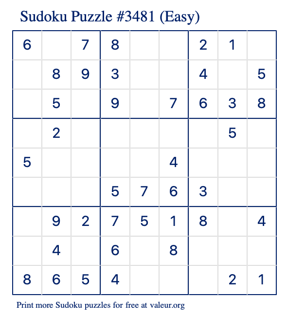 Free Printable Easy Sudoku Puzzle number 3481