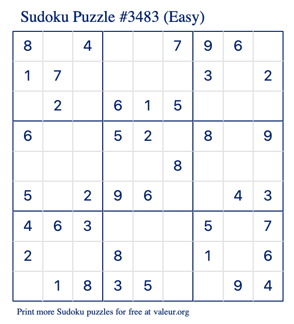 Free Printable Easy Sudoku Puzzle number 3483