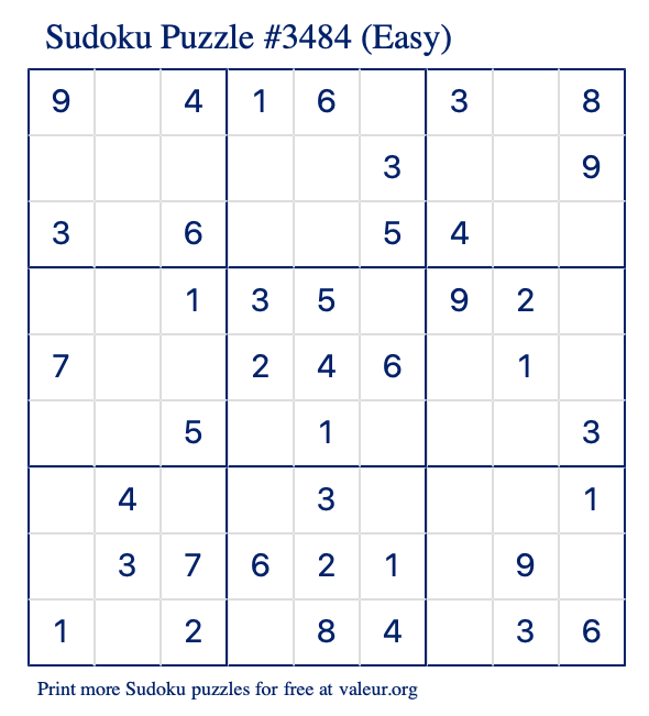 Free Printable Easy Sudoku Puzzle number 3484