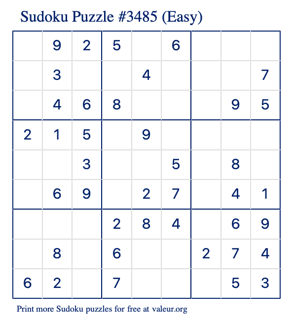 Free Printable Easy Sudoku Puzzle number 3485