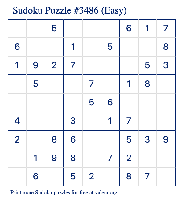 Free Printable Easy Sudoku Puzzle number 3486