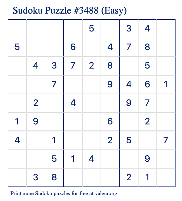 Free Printable Easy Sudoku Puzzle number 3488