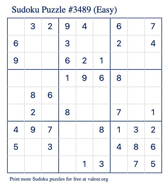 Free Printable Easy Sudoku Puzzle number 3489