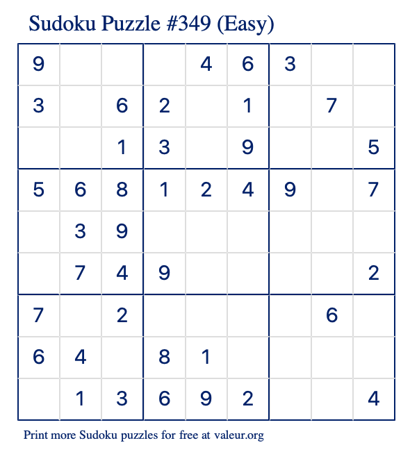 Free Printable Easy Sudoku Puzzle number 349