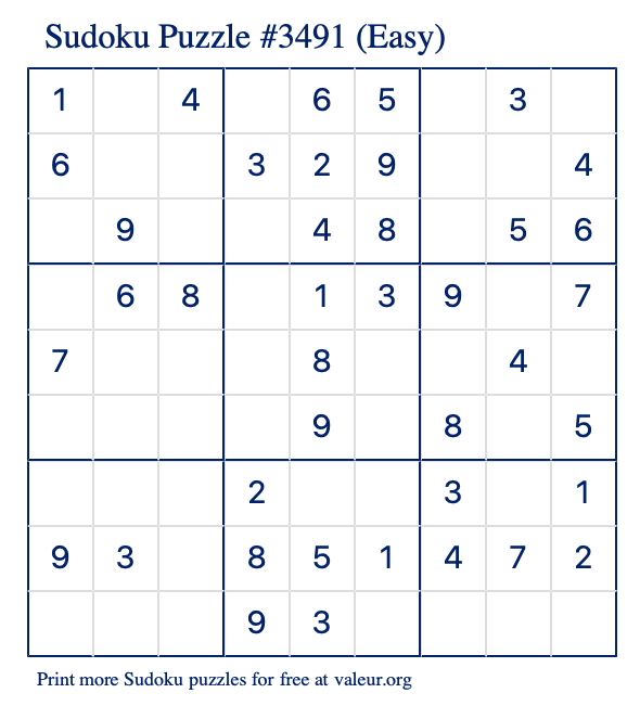 Free Printable Easy Sudoku Puzzle number 3491