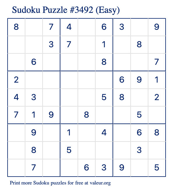 Free Printable Easy Sudoku Puzzle number 3492