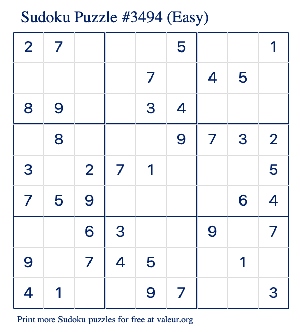 Free Printable Easy Sudoku Puzzle number 3494