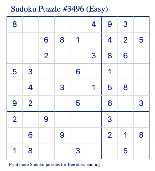 Free Printable Easy Sudoku Puzzle number 3496