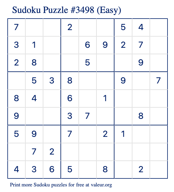 Free Printable Easy Sudoku Puzzle number 3498