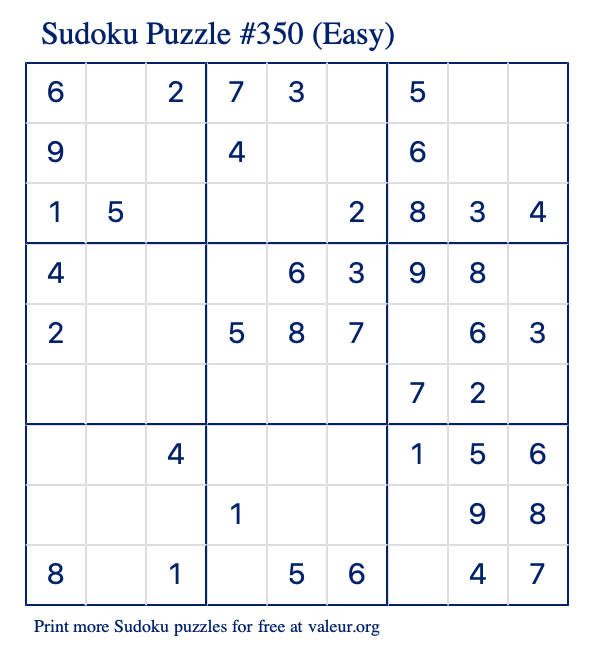 Free Printable Easy Sudoku Puzzle number 350