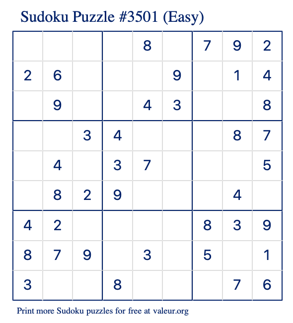 Free Printable Easy Sudoku Puzzle number 3501