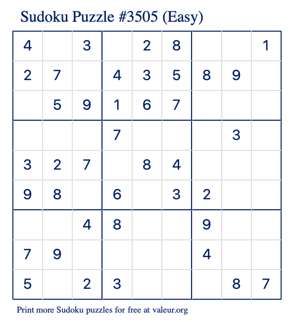 Free Printable Easy Sudoku Puzzle number 3505