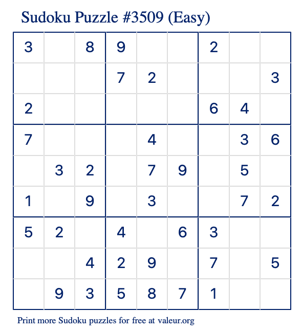 Free Printable Easy Sudoku Puzzle number 3509