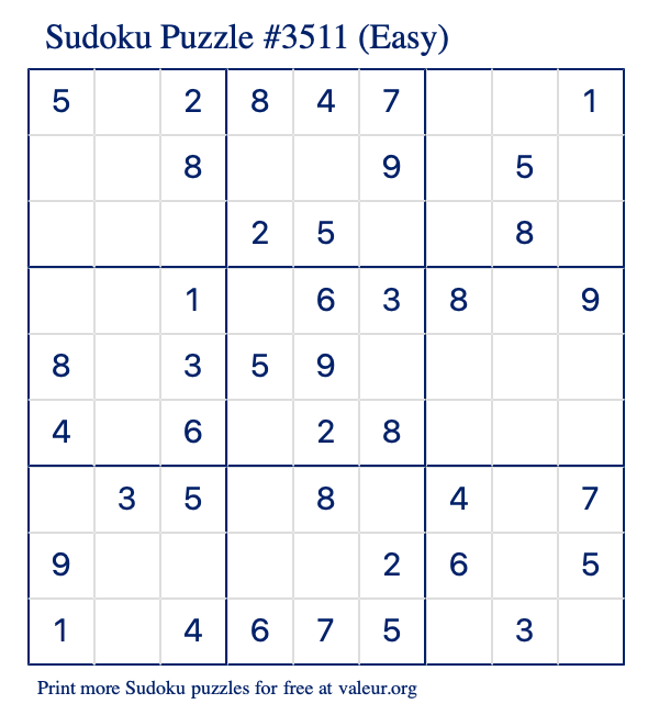 Free Printable Easy Sudoku Puzzle number 3511