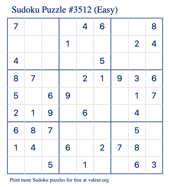 Free Printable Easy Sudoku Puzzle number 3512