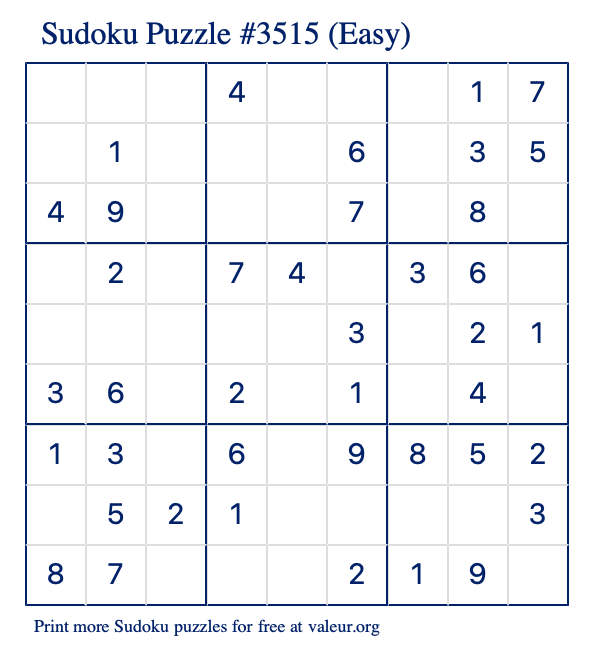 Free Printable Easy Sudoku Puzzle number 3515