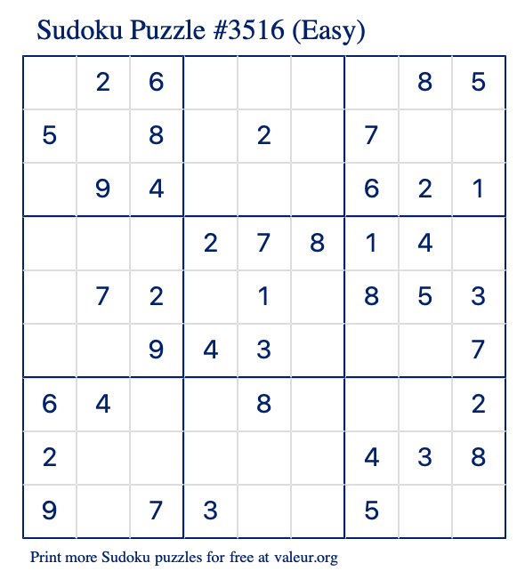 Free Printable Easy Sudoku Puzzle number 3516