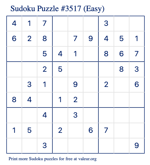 Free Printable Easy Sudoku Puzzle number 3517