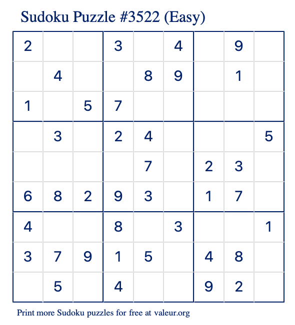 Free Printable Easy Sudoku Puzzle number 3522